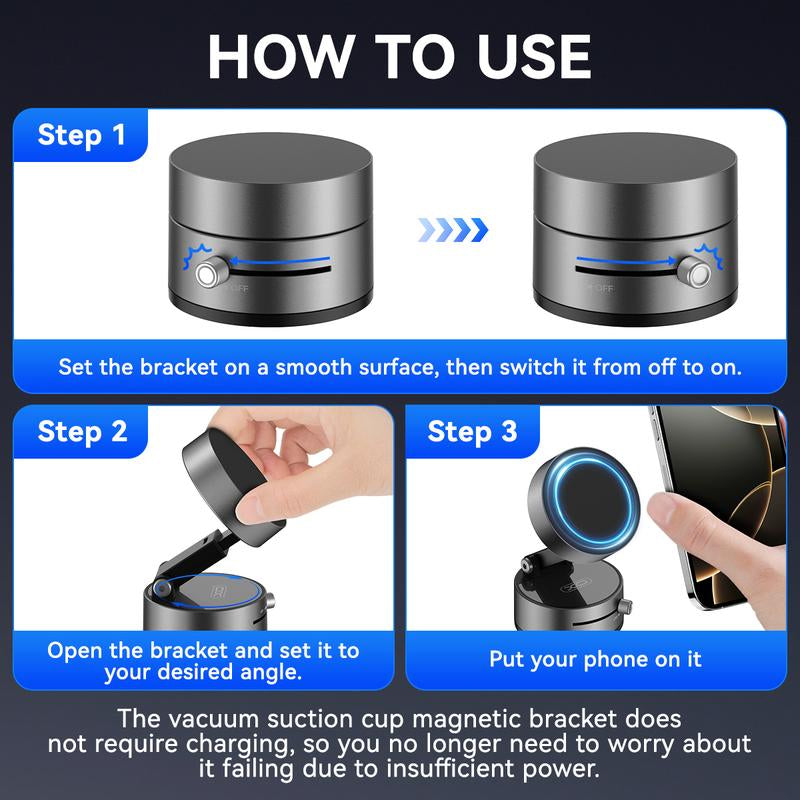2025 Upgrated Vacuum Suction Magnetic Phone Holder, Retractable Strong Suction Cup Magnetic Hands-Free Car Cellphone Mount Foldable Car Phone Stand for Car/Mirror/Gym(Not Charge Phone)