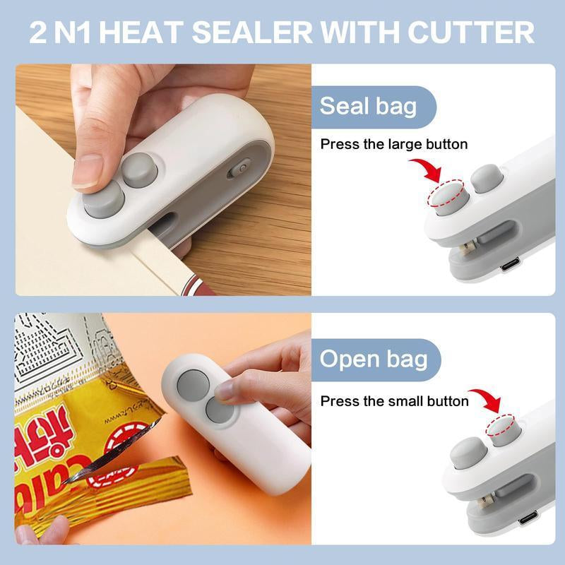 Portable Mini Bag Sealer Machine, 2 in 1 Bag Sealer with Cutter & Magnet, Household Tools Gadgets for Plastic Bags Snack Bags