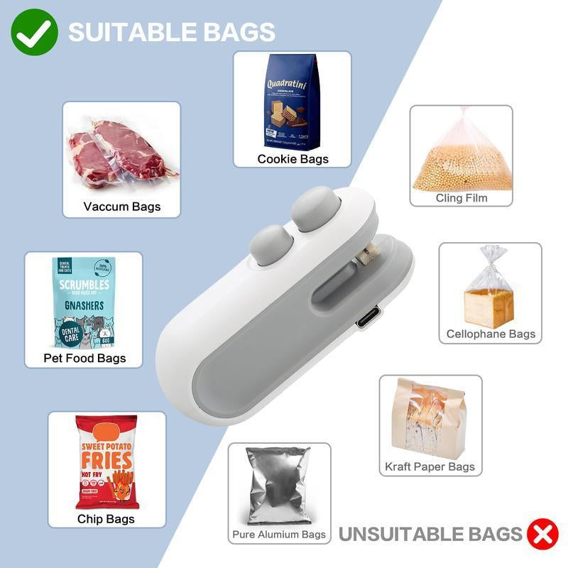 Portable Mini Bag Sealer Machine, 2 in 1 Bag Sealer with Cutter & Magnet, Household Tools Gadgets for Plastic Bags Snack Bags